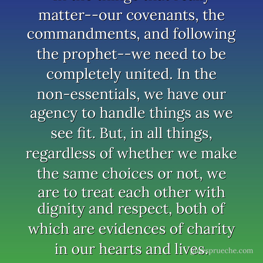 In the things that really matter--our covenants, the commandments, and following the prophet--we need to be completely united. In the non-essentials, we have our agency to handle things as we see fit. But, in all things, regardless of whether we make the same choices or not, we are to treat each other with dignity and respect, both of which are evidences of charity in our hearts and lives. - Sheri Dew