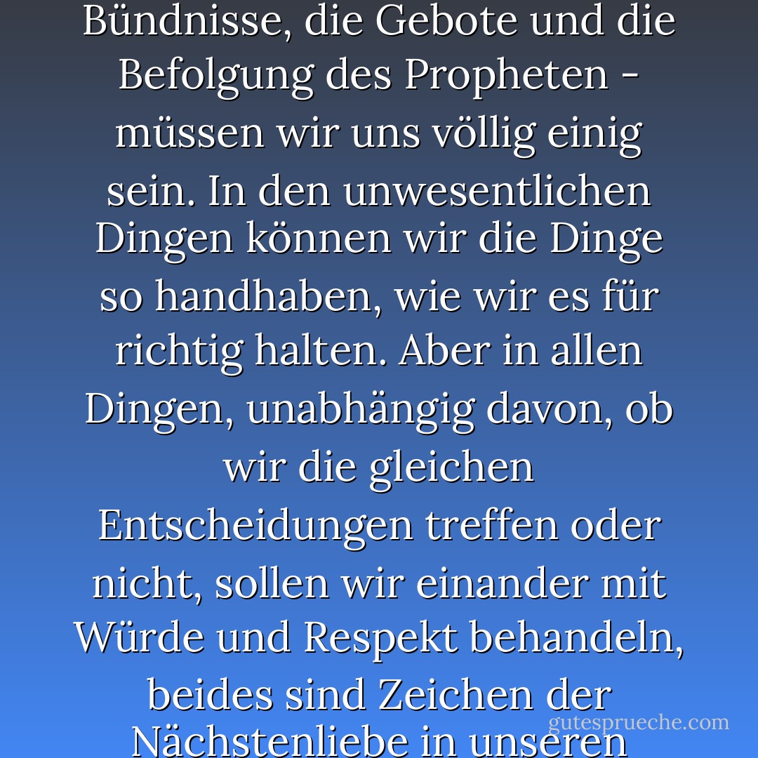 In den Dingen, auf die es wirklich ankommt - unsere Bündnisse, die Gebote und die Befolgung des Propheten - müssen wir uns völlig einig sein. In den unwesentlichen Dingen können wir die Dinge so handhaben, wie wir es für richtig halten. Aber in allen Dingen, unabhängig davon, ob wir die gleichen Entscheidungen treffen oder nicht, sollen wir einander mit Würde und Respekt behandeln, beides sind Zeichen der Nächstenliebe in unseren Herzen und in unserem Leben. - Sheri Dew<