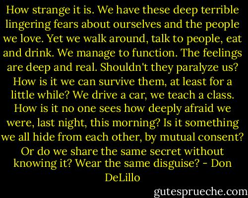 How strange it is. We have these deep terrible lingering fears about ourselves and the people we love. Yet we walk around, talk to people, eat and drink. We manage to function. The feelings are deep and real. Shouldn't they paralyze us? How is it we can survive them, at least for a little while? We drive a car, we teach a class. How is it no one sees how deeply afraid we were, last night, this morning? Is it something we all hide from each other, by mutual consent? Or do we share the same secret without knowing it? Wear the same disguise? - Don DeLillo