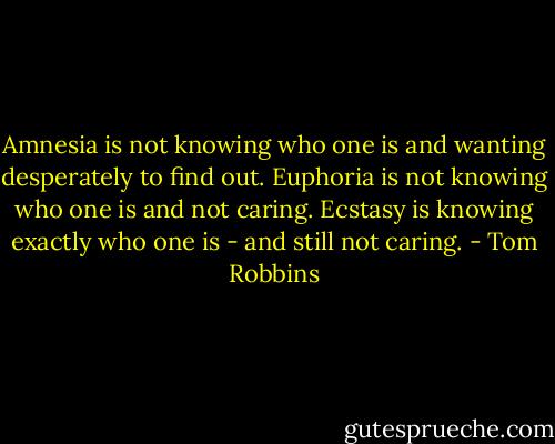 Amnesia is not knowing who one is and wanting desperately to find out. Euphoria is not knowing who one is and not caring. Ecstasy is knowing exactly who one is - and still not caring. - Tom Robbins