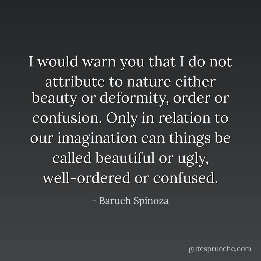 I would warn you that I do not attribute to nature either beauty or deformity, order or confusion. Only in relation to our imagination can things be called beautiful or ugly, well-ordered or confused. - Baruch Spinoza