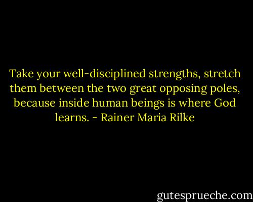 Take your well-disciplined strengths, stretch them between the two great opposing poles, because inside human beings is where God learns. - Rainer Maria Rilke