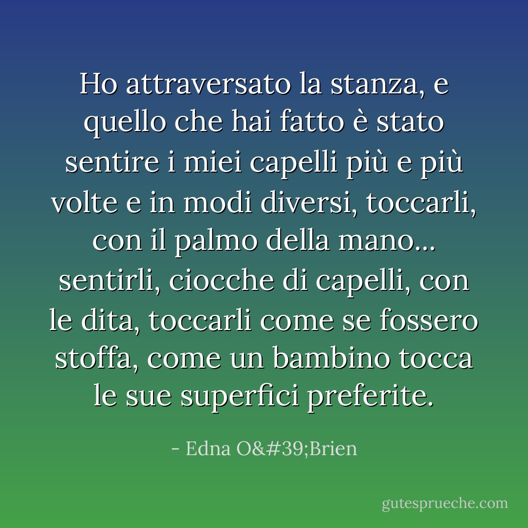 Ho attraversato la stanza, e quello che hai fatto è stato sentire i miei capelli più e più volte e in modi diversi, toccarli, con il palmo della mano... sentirli, ciocche di capelli, con le dita, toccarli come se fossero stoffa, come un bambino tocca le sue superfici preferite. - Edna O'Brien