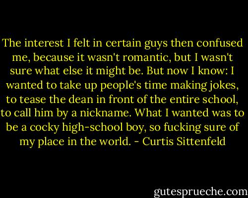The interest I felt in certain guys then confused me, because it wasn't romantic, but I wasn't sure what else it might be. But now I know: I wanted to take up people's time making jokes, to tease the dean in front of the entire school, to call him by a nickname. What I wanted was to be a cocky high-school boy, so fucking sure of my place in the world. - Curtis Sittenfeld
