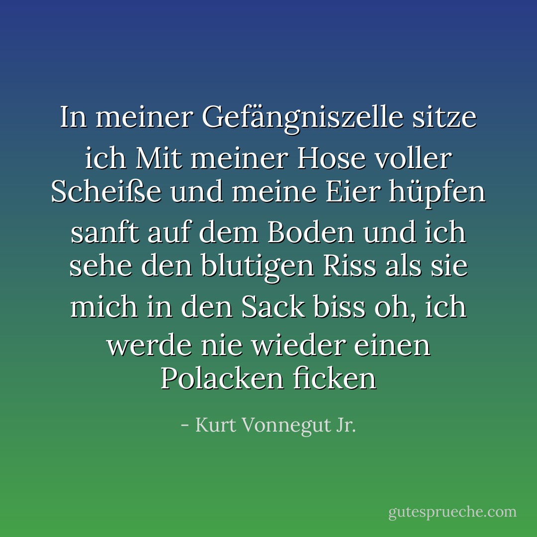 In meiner Gefängniszelle sitze ich<br />Mit meiner Hose voller Scheiße<br />und meine Eier hüpfen sanft auf dem Boden<br />und ich sehe den blutigen Riss<br />als sie mich in den Sack biss<br />oh, ich werde nie wieder einen Polacken ficken - Kurt Vonnegut Jr.<