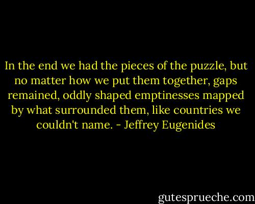 In the end we had the pieces of the puzzle, but no matter how we put them together, gaps remained, oddly shaped emptinesses mapped by what surrounded them, like countries we couldn't name. - Jeffrey Eugenides