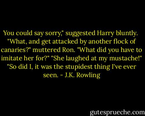 You could say sorry," suggested Harry bluntly. <br />"What, and get attacked by another flock of canaries?" muttered Ron.<br />"What did you have to imitate her for?"<br />"She laughed at my mustache!"<br />"So did I, it was the stupidest thing I've ever seen. - J.K. Rowling