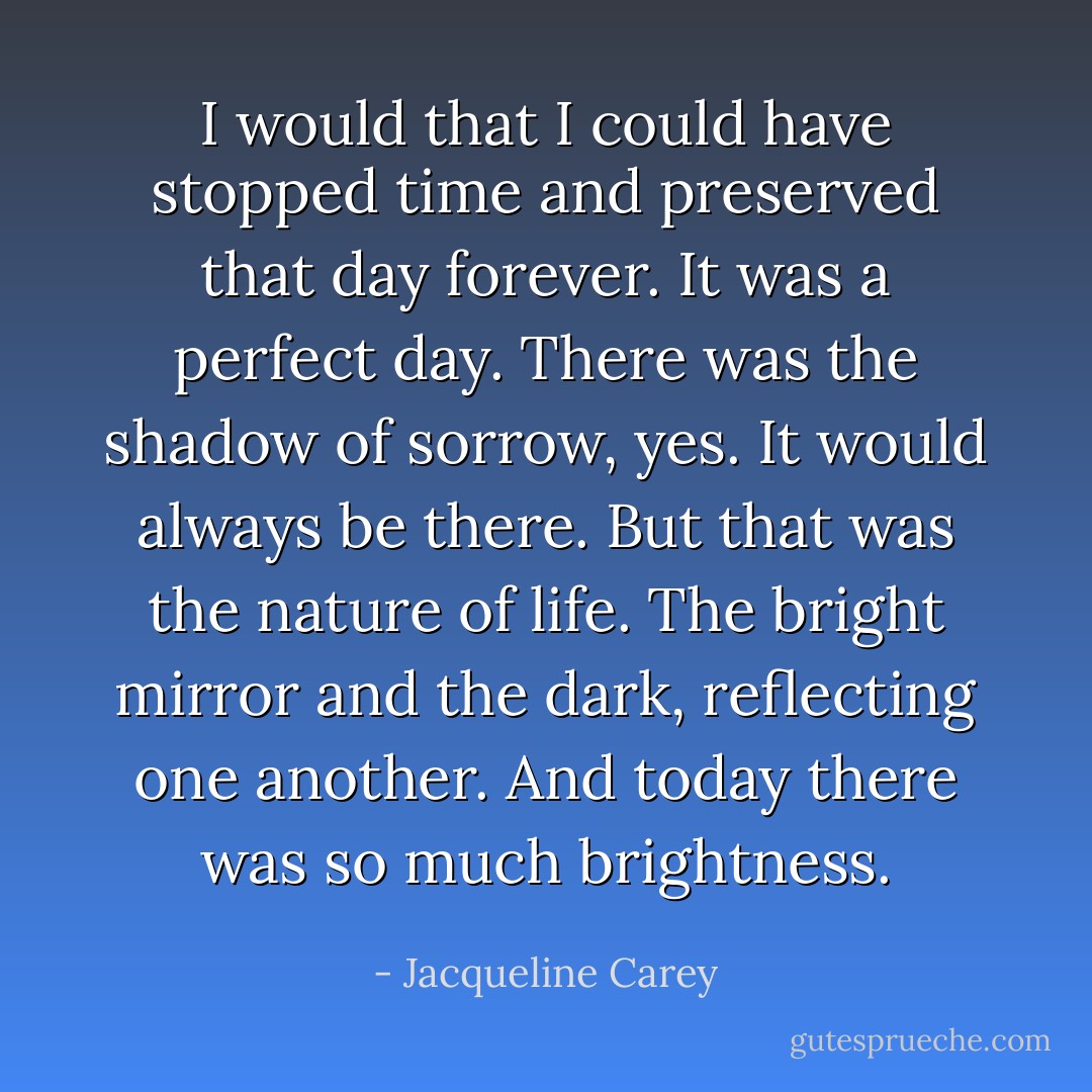 I would that I could have stopped time and preserved that day forever. It was a perfect day. There was the shadow of sorrow, yes. It would always be there. But that was the nature of life. The bright mirror and the dark, reflecting one another. And today there was so much brightness. - Jacqueline Carey