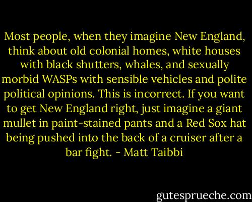 Most people, when they imagine New England, think about old colonial homes, white houses with black shutters, whales, and sexually morbid WASPs with sensible vehicles and polite political opinions. This is incorrect. If you want to get New England right, just imagine a giant mullet in paint-stained pants and a Red Sox hat being pushed into the back of a cruiser after a bar fight. - Matt Taibbi