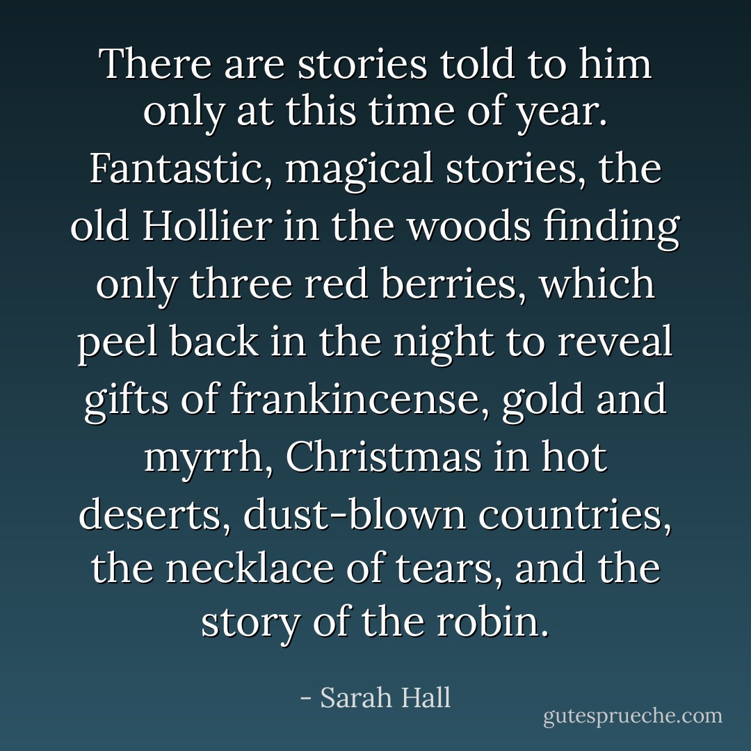 There are stories told to him only at this time of year. Fantastic, magical stories, the old Hollier in the woods finding only three red berries, which peel back in the night to reveal gifts of frankincense, gold and myrrh, Christmas in hot deserts, dust-blown countries, the necklace of tears, and the story of the robin. - Sarah Hall