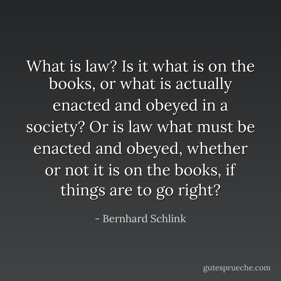 What is law? Is it what is on the books, or what is actually enacted and obeyed in a society? Or is law what must be enacted and obeyed, whether or not it is on the books, if things are to go right? - Bernhard Schlink