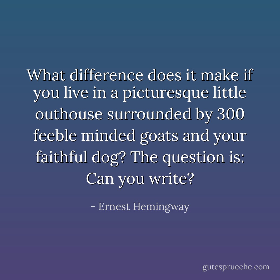 What difference does it make if you live in a picturesque little outhouse surrounded by 300 feeble minded goats and your faithful dog? The question is: Can you write? - Ernest Hemingway