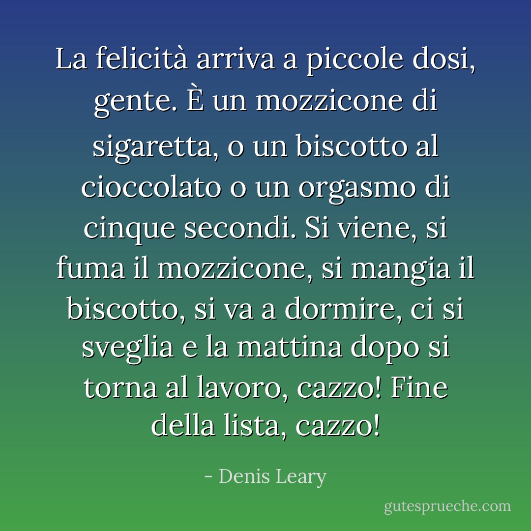 La felicità arriva a piccole dosi, gente. È un mozzicone di sigaretta, o un biscotto al cioccolato o un orgasmo di cinque secondi. Si viene, si fuma il mozzicone, si mangia il biscotto, si va a dormire, ci si sveglia e la mattina dopo si torna al lavoro, cazzo! Fine della lista, cazzo! - Denis Leary