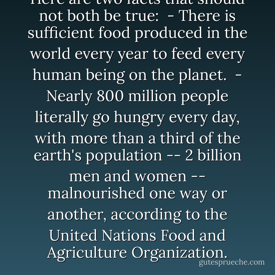 Here are two facts that should not both be true:<br /> - There is sufficient food produced in the world every year to feed every human being on the planet.<br /> - Nearly 800 million people literally go hungry every day, with more than a third of the earth's population -- 2 billion men and women -- malnourished one way or another, according to the United Nations Food and Agriculture Organization. - Michael Dorris