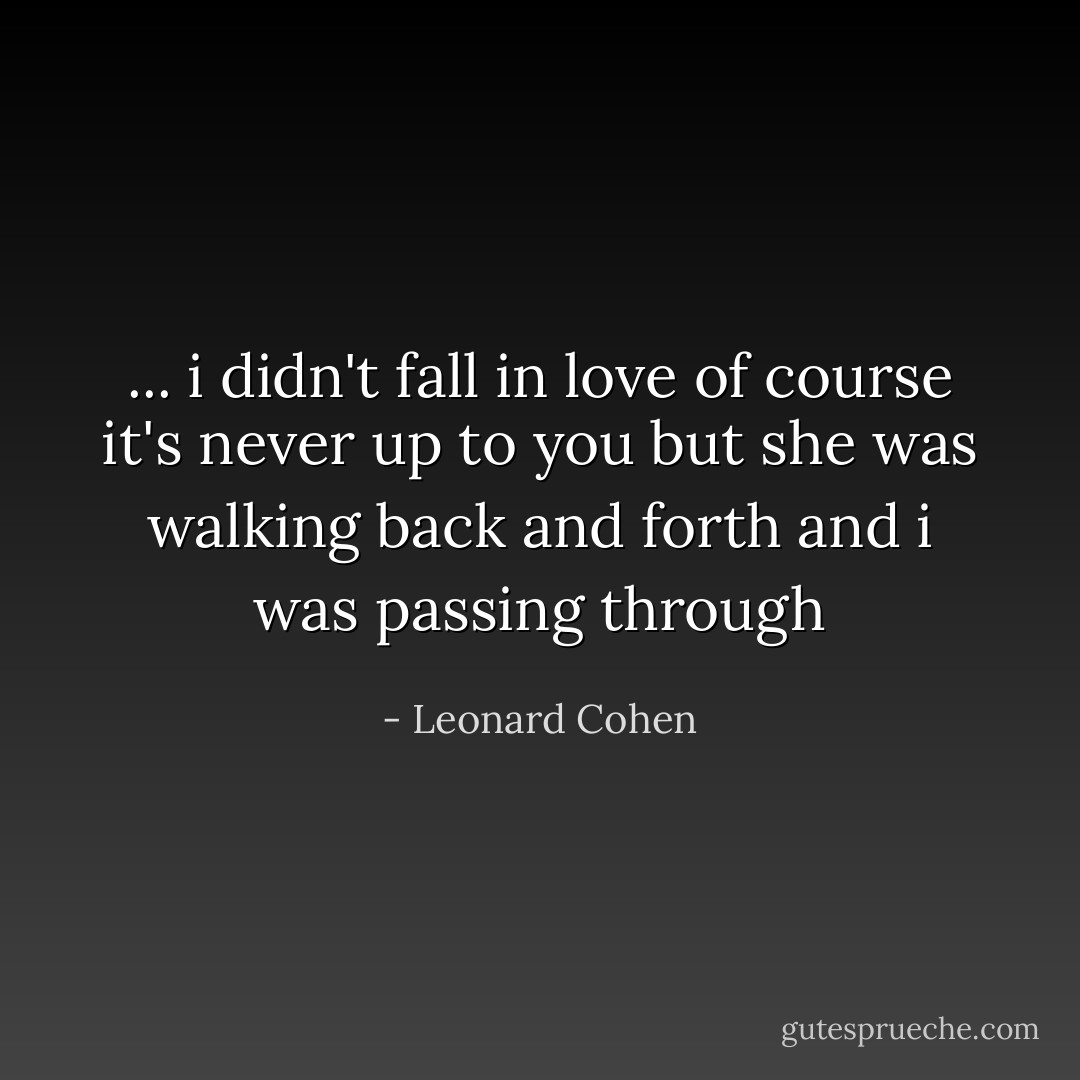... i didn't fall in love of course<br />it's never up to you<br />but she was walking back and forth<br />and i was passing through - Leonard Cohen