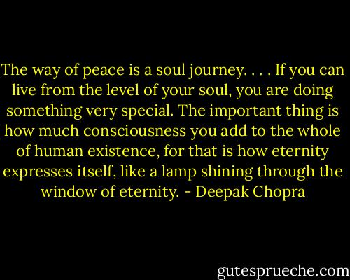 The way of peace is a soul journey. . . . If you can live from the level of your soul, you are doing something very special. The important thing is how much consciousness you add to the whole of human existence, for that is how eternity expresses itself, like a lamp shining through the window of eternity. - Deepak Chopra
