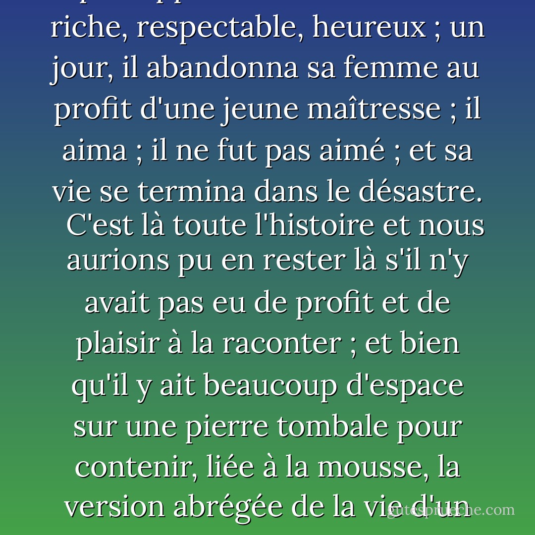 Il était une fois un homme qui vivait à Berlin, en Allemagne, et qui s'appelait Albinus. Il était riche, respectable, heureux ; un jour, il abandonna sa femme au profit d'une jeune maîtresse ; il aima ; il ne fut pas aimé ; et sa vie se termina dans le désastre.<br /><br /> C'est là toute l'histoire et nous aurions pu en rester là s'il n'y avait pas eu de profit et de plaisir à la raconter ; et bien qu'il y ait beaucoup d'espace sur une pierre tombale pour contenir, liée à la mousse, la version abrégée de la vie d'un homme, les détails sont toujours les bienvenus. - Vladimir Nabokov