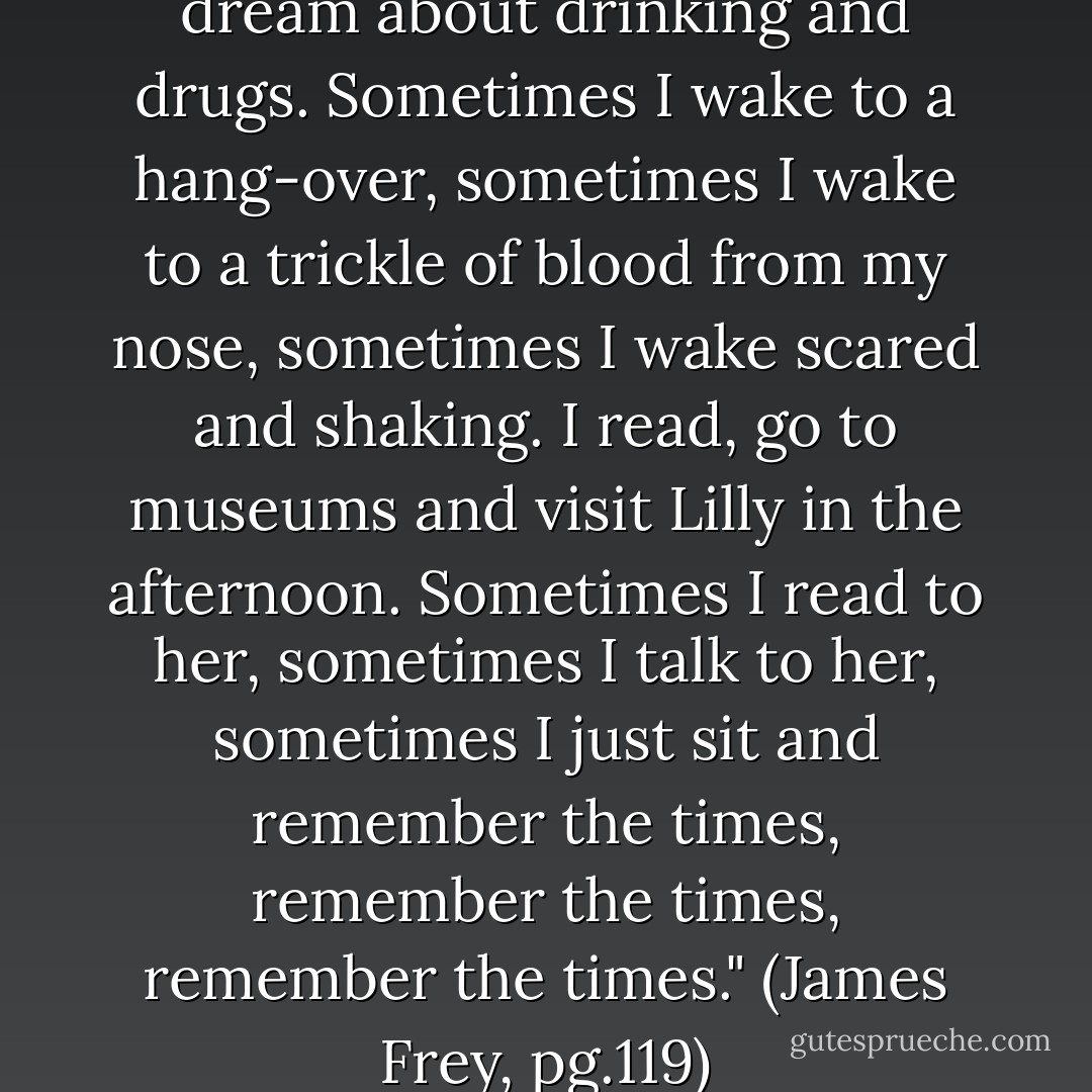 I sleep during the day. I still dream about drinking and drugs. Sometimes I wake to a hang-over, sometimes I wake to a trickle of blood from my nose, sometimes I wake scared and shaking. I read, go to museums and visit Lilly in the afternoon. Sometimes I read to her, sometimes I talk to her, sometimes I just sit and remember the times, remember the times, remember the times." (James Frey, pg.119) - James Frey