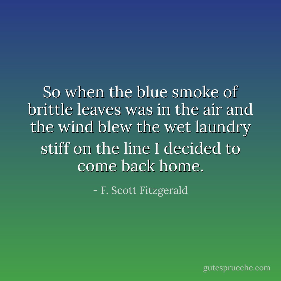 So when the blue smoke of brittle leaves was in the air and the wind blew the wet laundry stiff on the line I decided to come back home. - F. Scott Fitzgerald