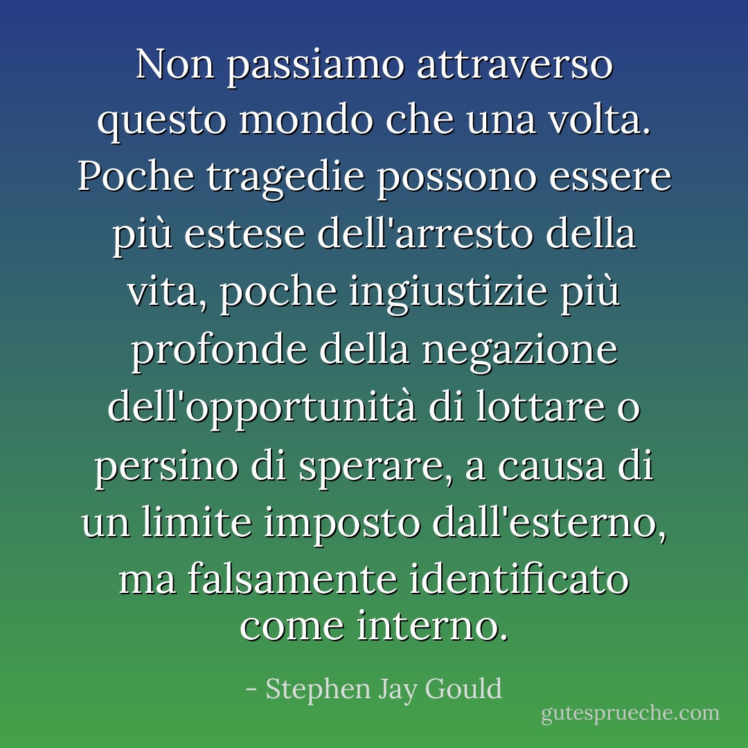 Non passiamo attraverso questo mondo che una volta. Poche tragedie possono essere più estese dell'arresto della vita, poche ingiustizie più profonde della negazione dell'opportunità di lottare o persino di sperare, a causa di un limite imposto dall'esterno, ma falsamente identificato come interno. - Stephen Jay Gould
