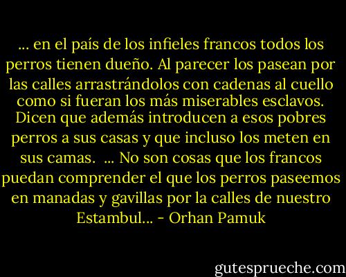 ... en el país de los infieles francos todos los perros tienen dueño. Al parecer los pasean por las calles arrastrándolos con cadenas al cuello como si fueran los más miserables esclavos. Dicen que además introducen a esos pobres perros a sus casas y que incluso los meten en sus camas. <br />... No son cosas que los francos puedan comprender el que los perros paseemos en manadas y gavillas por la calles de nuestro Estambul... - Orhan Pamuk