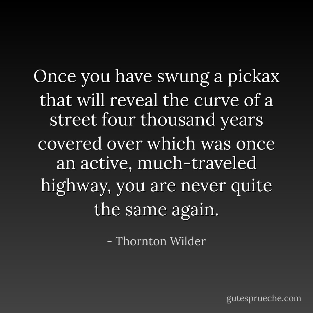 Once you have swung a pickax that will reveal the curve of a street four thousand years covered over which was once an active, much-traveled highway, you are never quite the same again. - Thornton Wilder
