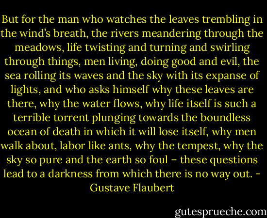 But for the man who watches the leaves trembling in the wind’s breath, the rivers meandering through the meadows, life twisting and turning and swirling through things, men living, doing good and evil, the sea rolling its waves and the sky with its expanse of lights, and who asks himself why these leaves are there, why the water flows, why life itself is such a terrible torrent plunging towards the boundless ocean of death in which it will lose itself, why men walk about, labor like ants, why the tempest, why the sky so pure and the earth so foul – these questions lead to a darkness from which there is no way out. - Gustave Flaubert