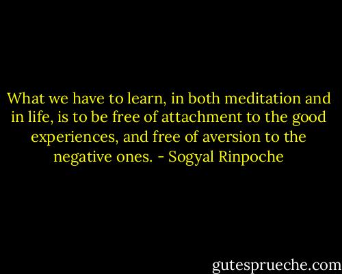 What we have to learn, in both meditation and in life, is to be free of<br />attachment to the good experiences, and free of aversion to the negative ones. - Sogyal Rinpoche