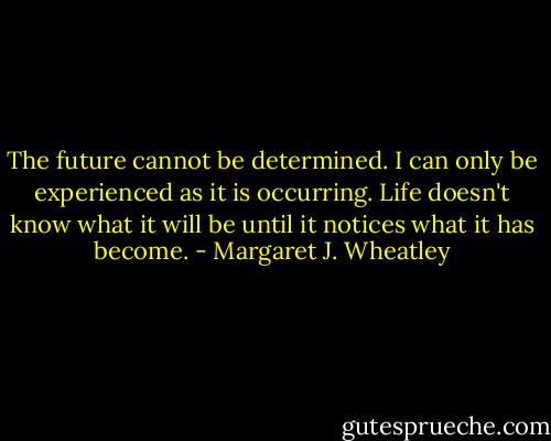The future cannot be determined. I can only be experienced as it is occurring. Life doesn't know what it will be until it notices what it has become. - Margaret J. Wheatley