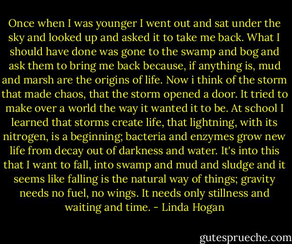 Once when I was younger I went out and sat under the sky and looked up and asked it to take me back. What I should have done was gone to the swamp and bog and ask them to bring me back because, if anything is, mud and marsh are the origins of life. Now i think of the storm that made chaos, that the storm opened a door. It tried to make over a world the way it wanted it to be. At school I learned that storms create life, that lightning, with its nitrogen, is a beginning; bacteria and enzymes grow new life from decay out of darkness and water. It's into this that I want to fall, into swamp and mud and sludge and it seems like falling is the natural way of things; gravity needs no fuel, no wings. It needs only stillness and waiting and time. - Linda Hogan