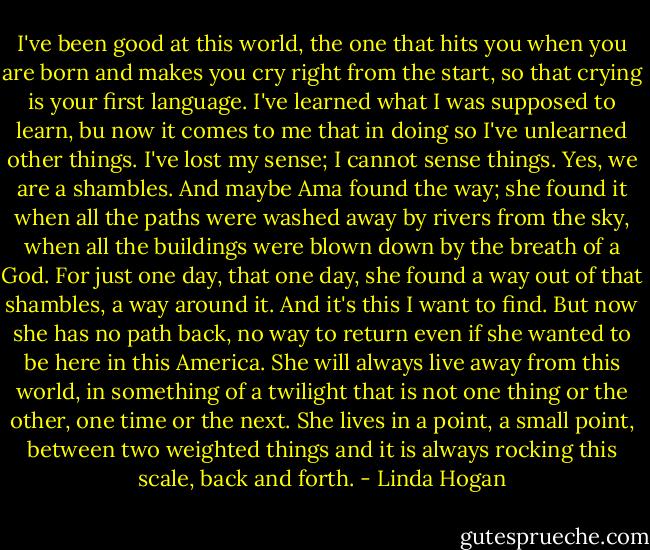 I've been good at this world, the one that hits you when you are born and makes you cry right from the start, so that crying is your first language. I've learned what I was supposed to learn, bu now it comes to me that in doing so I've unlearned other things. I've lost my sense; I cannot sense things. Yes, we are a shambles. And maybe Ama found the way; she found it when all the paths were washed away by rivers from the sky, when all the buildings were blown down by the breath of a God. For just one day, that one day, she found a way out of that shambles, a way around it. And it's this I want to find. But now she has no path back, no way to return even if she wanted to be here in this America. She will always live away from this world, in something of a twilight that is not one thing or the other, one time or the next. She lives in a point, a small point, between two weighted things and it is always rocking this scale, back and forth. - Linda Hogan