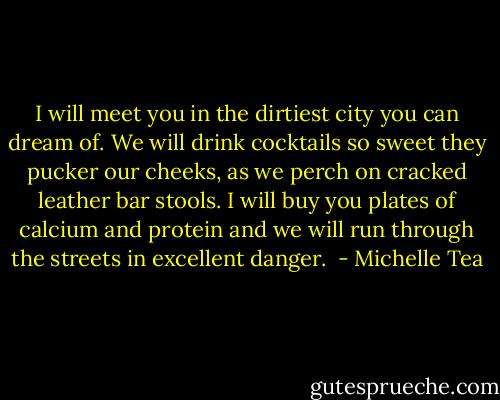 I will meet you in the dirtiest city you can dream of. We will drink cocktails so sweet they pucker our cheeks, as we perch on cracked leather bar stools. I will buy you plates of calcium and protein and we will run through the streets in excellent danger.<br /> - Michelle Tea