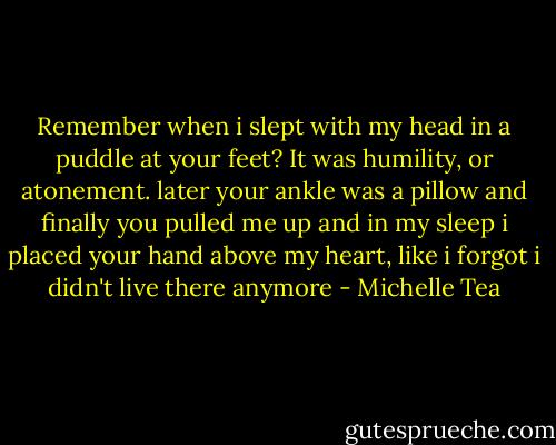 Remember when i slept with my head<br />in a puddle at your feet?<br />It was humility, or atonement.<br />later your ankle was a pillow and<br />finally you pulled me up and in my sleep i<br />placed your hand above my heart,<br />like i forgot i didn't live there<br />anymore - Michelle Tea