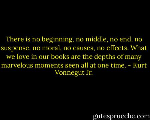 There is no beginning, no middle, no end, no suspense, no moral, no causes, no effects. What we love in our books are the depths of many marvelous moments seen all at one time. - Kurt Vonnegut Jr.