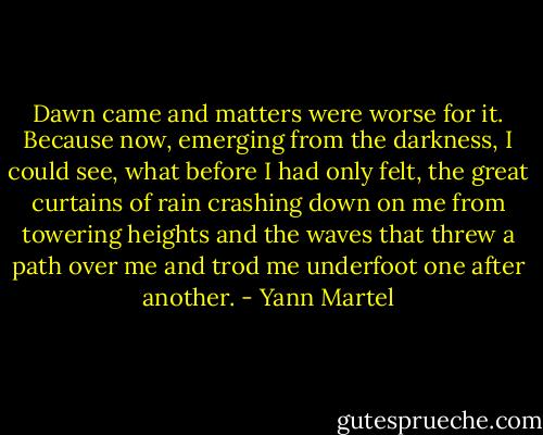 Dawn came and matters were worse for it. Because now, emerging from the darkness, I could see, what before I had only felt, the great curtains of rain crashing down on me from towering heights and the waves that threw a path over me and trod me underfoot one after another. - Yann Martel