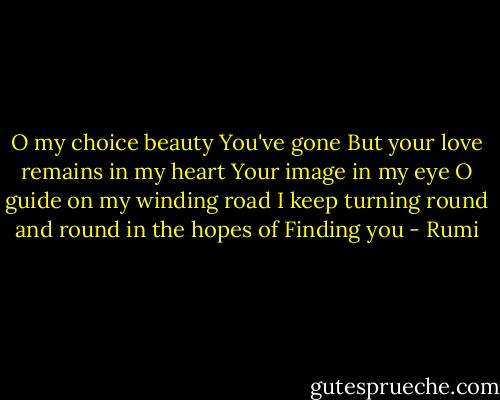 O my choice beauty<br />You've gone<br />But your love remains in my heart<br />Your image in my eye<br />O guide on my winding road<br />I keep turning round and round in the hopes of<br />Finding you - Rumi