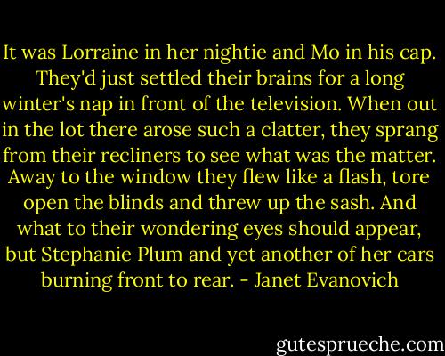 It was Lorraine in her nightie and Mo in his cap. They'd just settled their brains for a long winter's nap in front of the television. When out in the lot there arose such a clatter, they sprang from their recliners to see what was the matter. Away to the window they flew like a flash, tore open the blinds and threw up the sash. And what to their wondering eyes should appear, but Stephanie Plum and yet another of her cars burning front to rear. - Janet Evanovich