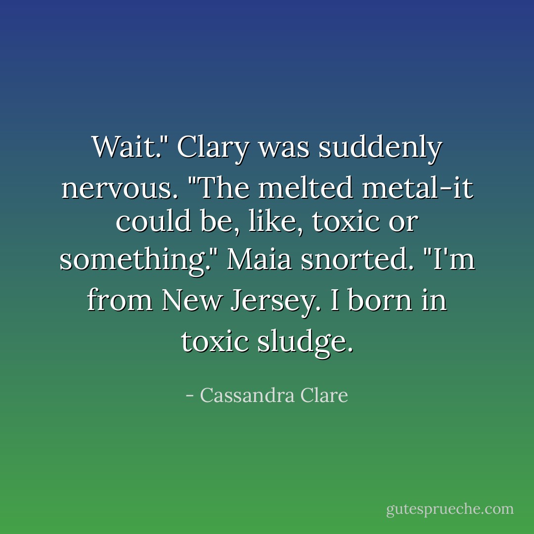 Wait." Clary was suddenly nervous. "The melted metal-it could be, like, toxic or something."<br />Maia snorted. "I'm from New Jersey. I born in toxic sludge. - Cassandra Clare