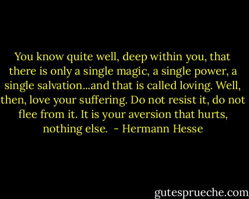 You know quite well, deep within you, that there is only a single magic, a single power, a single salvation...and that is called loving. Well, then, love your suffering. Do not resist it, do not flee from it. It is your aversion that hurts, nothing else.<br /> - Hermann Hesse