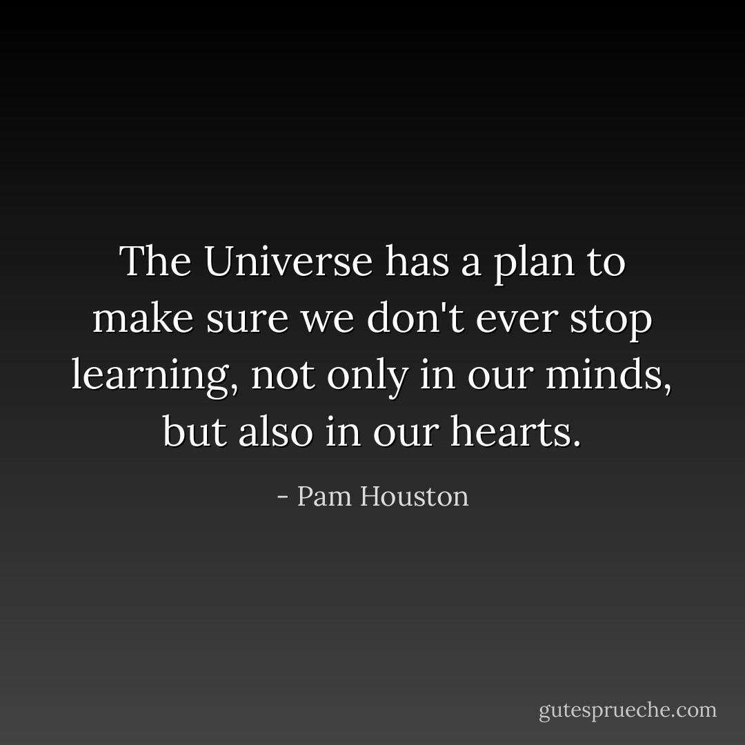 The Universe has a plan to make sure we don't ever stop learning, not only in our minds, but also in our hearts. - Pam Houston