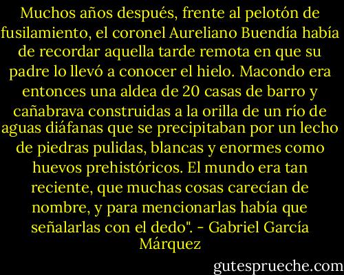 Muchos años después, frente al pelotón de fusilamiento, el coronel Aureliano Buendía había de recordar aquella tarde remota en que su padre lo llevó a conocer el hielo. Macondo era entonces una aldea de 20 casas de barro y cañabrava construidas a la orilla de un río de aguas diáfanas que se precipitaban por un lecho de piedras pulidas, blancas y enormes como huevos prehistóricos. El mundo era tan reciente, que muchas cosas carecían de nombre, y para mencionarlas había que señalarlas con el dedo". - Gabriel García Márquez