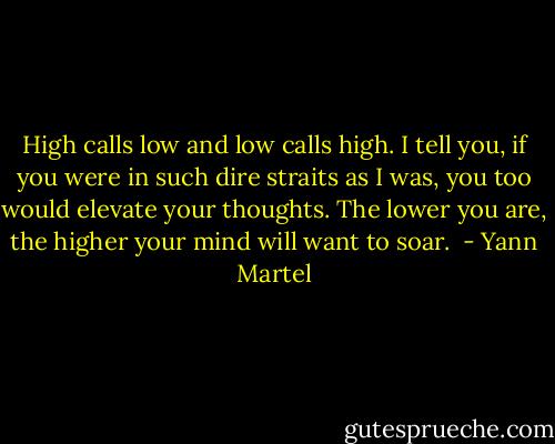 High calls low and low calls high. I tell you, if you were in such dire straits as I was, you too would elevate your thoughts. The lower you are, the higher your mind will want to soar.  - Yann Martel