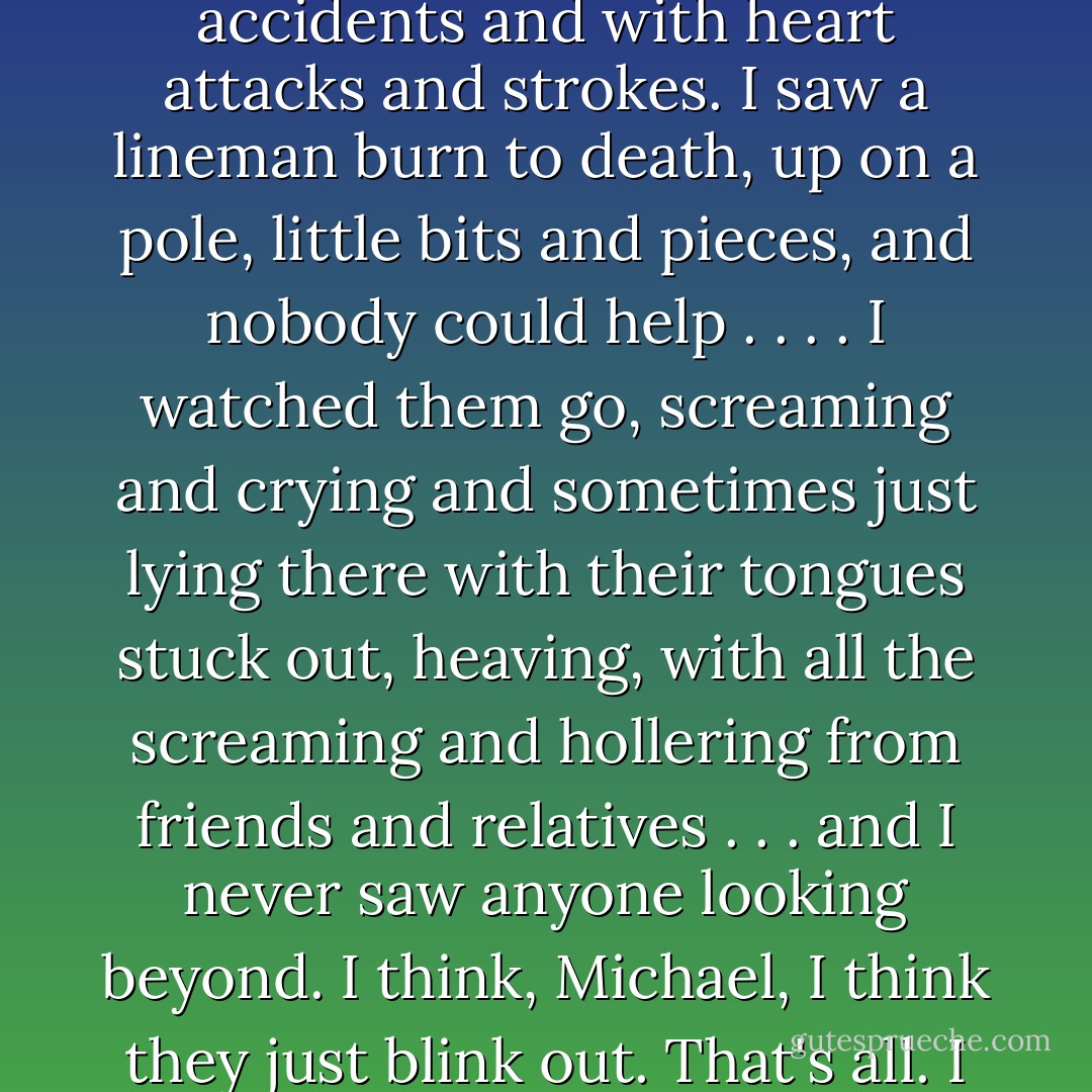 I used to be a Catholic, and when I first started police work, I worried about that. I saw a lot of people dead or dying for no apparent reason . . . not people I killed, just people. Little kids who'd drowned, people dying in auto accidents and with heart attacks and strokes. I saw a lineman burn to death, up on a pole, little bits and pieces, and nobody could help . . . . I watched them go, screaming and crying and sometimes just lying there with their tongues stuck out, heaving, with all the screaming and hollering from friends and relatives . . . and I never saw anyone looking beyond. I think, Michael, I think they just blink out. That's all. I think they go where the words on a computer screen go, when you turn it off. One minute they exist, maybe they're even profound, maybe the result of a great deal of work. The next . . . . Whiff. Gone. - John Sandford