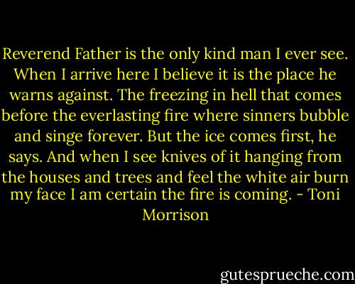 Reverend Father is the only kind man I ever see. When I arrive here I believe it is the place he warns against. The freezing in hell that comes before the everlasting fire where sinners bubble and singe forever. But the ice comes first, he says. And when I see knives of it hanging from the houses and trees and feel the white air burn my face I am certain the fire is coming. - Toni Morrison