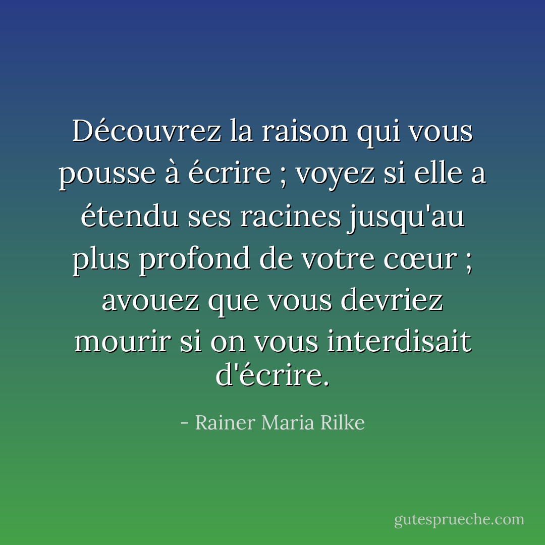 Découvrez la raison qui vous pousse à écrire ; voyez si elle a étendu ses racines jusqu'au plus profond de votre cœur ; avouez que vous devriez mourir si on vous interdisait d'écrire. - Rainer Maria Rilke