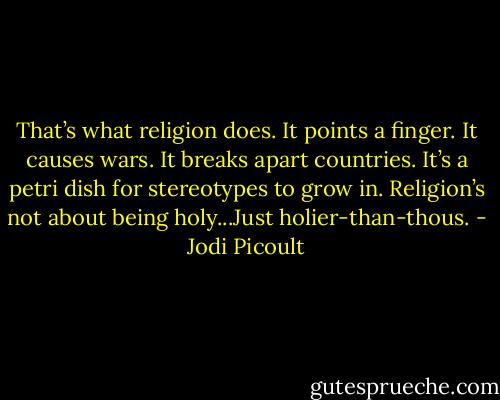 That’s what religion does. It points a finger. It causes wars. It breaks apart countries. It’s a petri dish for stereotypes to grow in. Religion’s not about being holy...Just holier-than-thous. - Jodi Picoult