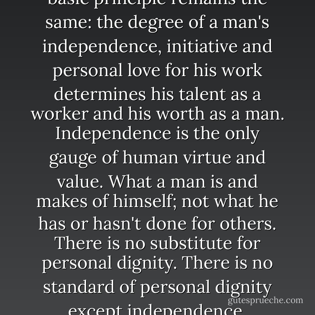 Degrees of ability vary, but the basic principle remains the same: the degree of a man's independence, initiative and personal love for his work determines his talent as a worker and his worth as a man. Independence is the only gauge of human virtue and value. What a man is and makes of himself; not what he has or hasn't done for others. There is no substitute for personal dignity. There is no standard of personal dignity except independence. - Ayn Rand