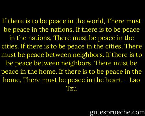 If there is to be peace in the world,<br />There must be peace in the nations.<br />If there is to be peace in the nations,<br />There must be peace in the cities.<br />If there is to be peace in the cities,<br />There must be peace between neighbors.<br />If there is to be peace between neighbors,<br />There must be peace in the home.<br />If there is to be peace in the home,<br />There must be peace in the heart. - Lao Tzu