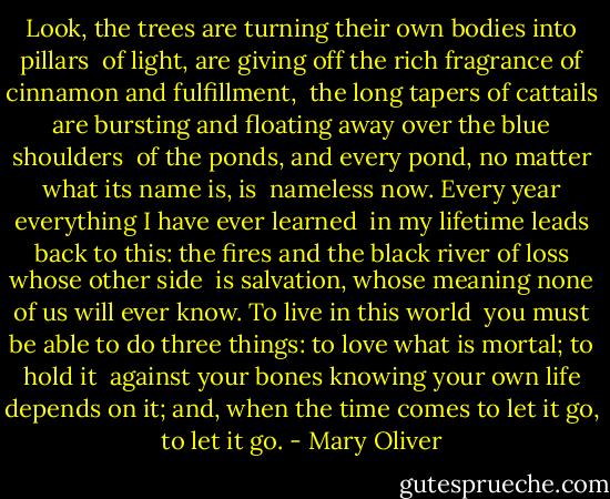 Look, the trees<br />are turning<br />their own bodies<br />into pillars<br /><br />of light,<br />are giving off the rich<br />fragrance of cinnamon<br />and fulfillment,<br /><br />the long tapers<br />of cattails<br />are bursting and floating away over<br />the blue shoulders<br /><br />of the ponds,<br />and every pond,<br />no matter what its<br />name is, is<br /><br />nameless now.<br />Every year<br />everything<br />I have ever learned<br /><br />in my lifetime<br />leads back to this: the fires<br />and the black river of loss<br />whose other side<br /><br />is salvation,<br />whose meaning<br />none of us will ever know.<br />To live in this world<br /><br />you must be able<br />to do three things:<br />to love what is mortal;<br />to hold it<br /><br />against your bones knowing<br />your own life depends on it;<br />and, when the time comes to let it go,<br />to let it go. - Mary Oliver