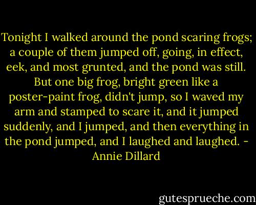 Tonight I walked around the pond scaring frogs; a couple of them jumped off, going, in effect, eek, and most grunted, and the pond was still. But one big frog, bright green like a poster-paint frog, didn't jump, so I waved my arm and stamped to scare it, and it jumped suddenly, and I jumped, and then everything in the pond jumped, and I laughed and laughed. - Annie Dillard